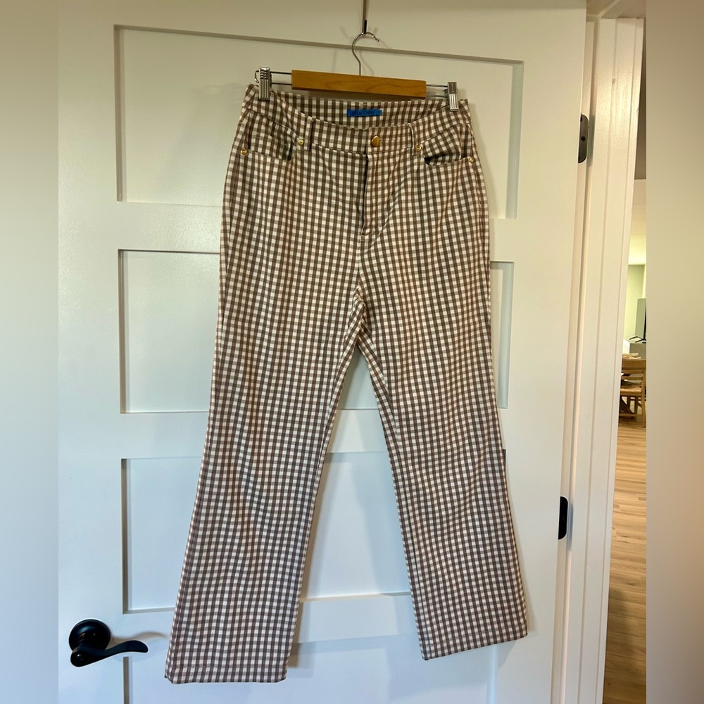 J. McLaughlin Brown White Gingham Dakota Pants, Flare Leg, Size 10